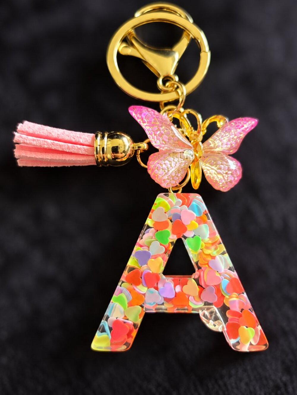 Initial A Keychain Pink Butterfly Tassel Multicolor Confetti Gold Bag Charm Gift